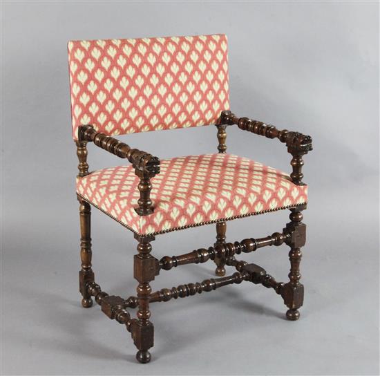 A mid 17th century French or Italian walnut armchair,